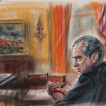 Titled “Alone in Oval Office,” this pastel imagines Nixon shedding a tear as he prepares to sign his letter of resignation. While the resignation took place on August 9, 1974, the drawing is dated 1975. Reiter might have prepared the drawing for a television program recapping the Watergate saga.